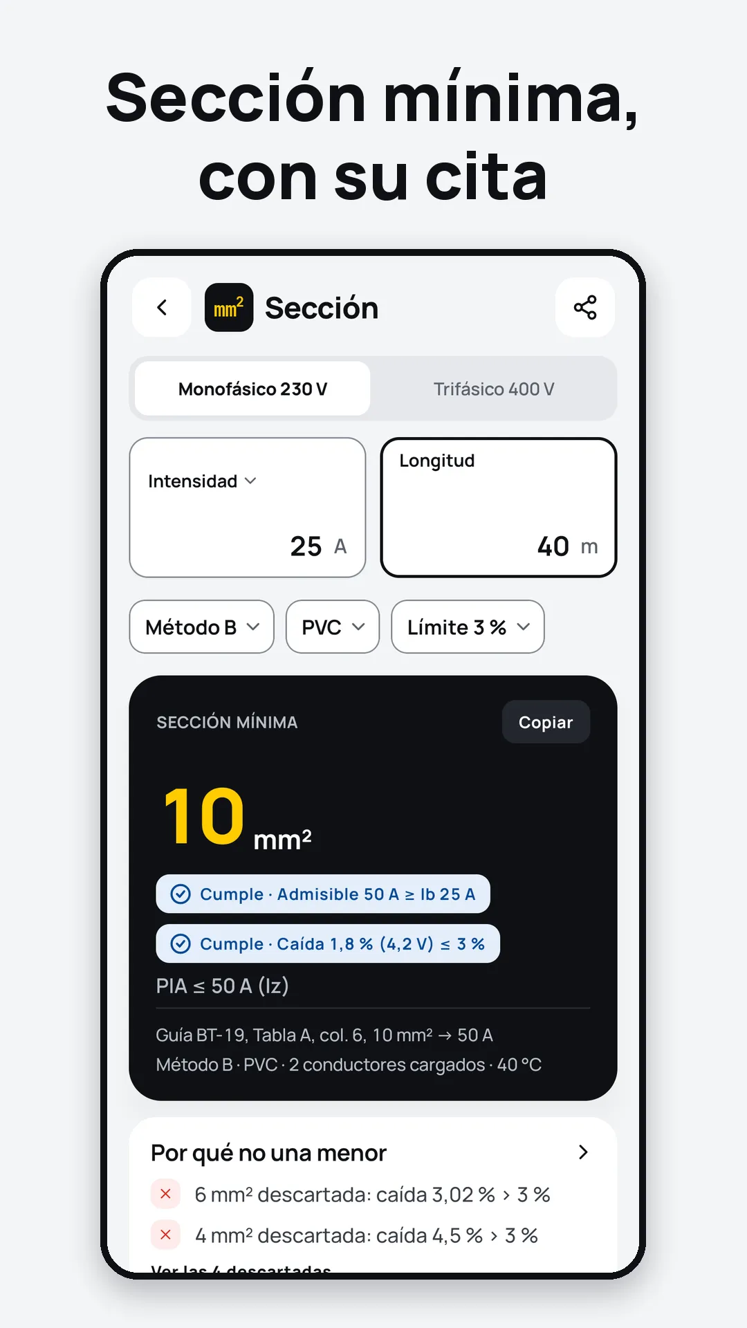 Pantalla de Sección de cable con el resultado de 10 mm² y su cita