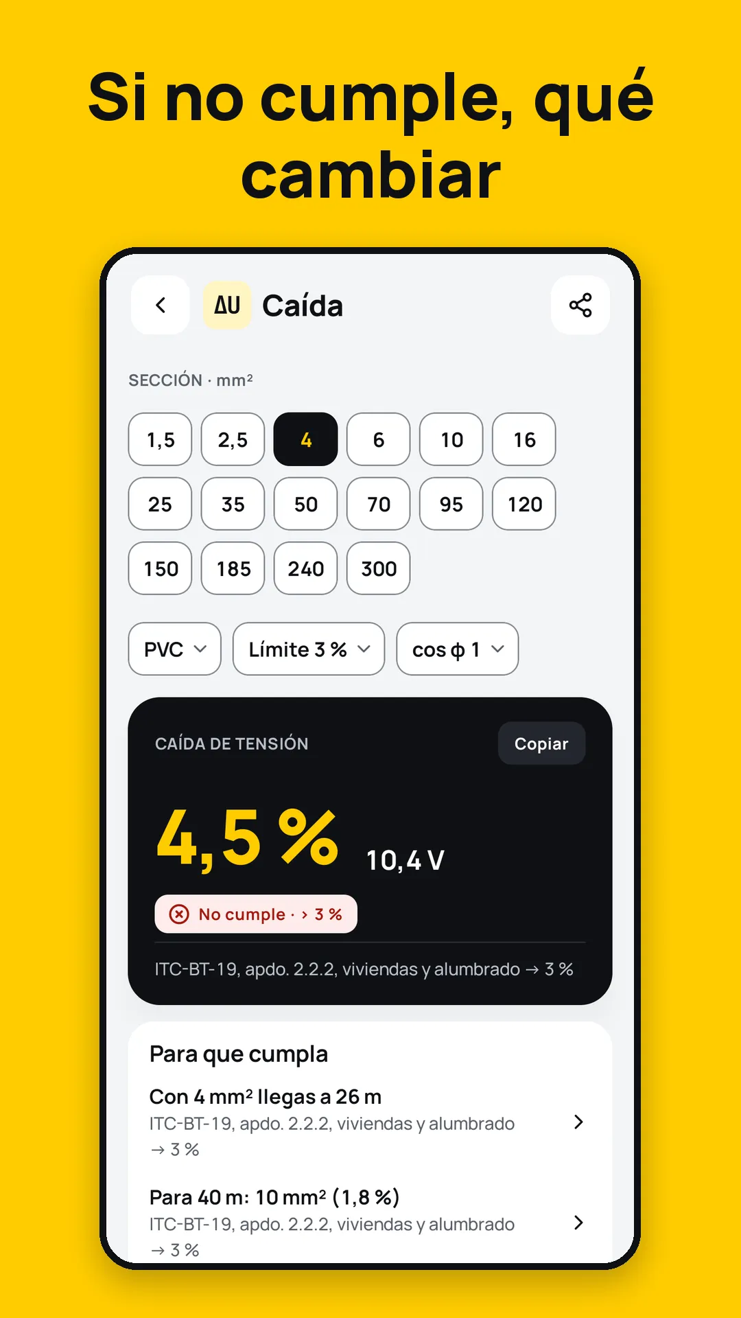 Caída de tensión: 25 A, 40 m y 4 mm² dan un 4,5 % que no cumple, y qué cambiar para que cumpla